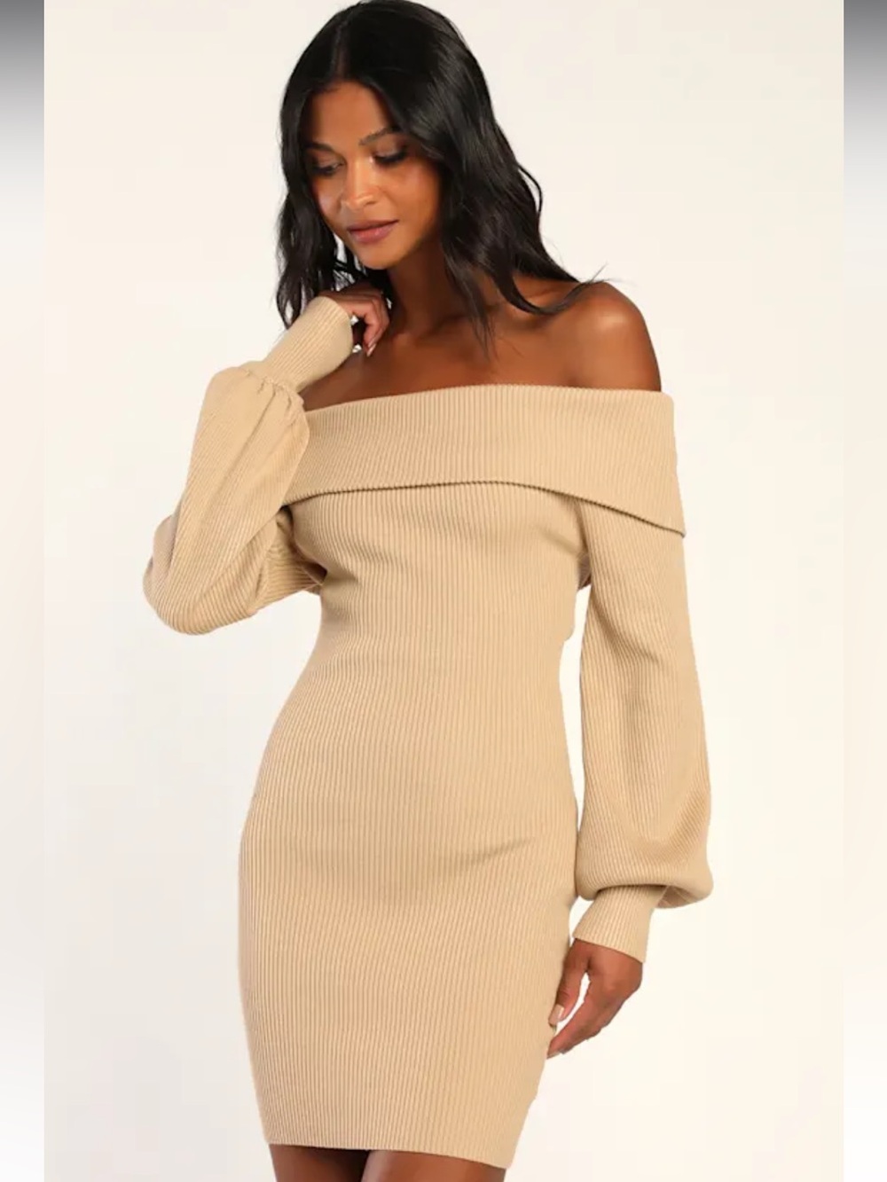 Lulus Fashionable Forecast Beige Off-the-Shoulder Sweater Dress